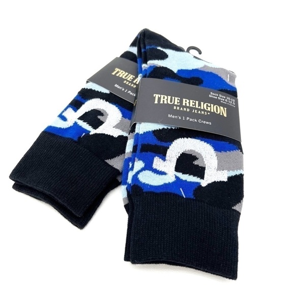 True Religion Men’s Crew Socks Blue Black Gray Camo Two (2) Pair Cotton New NWT - Picture 3 of 3